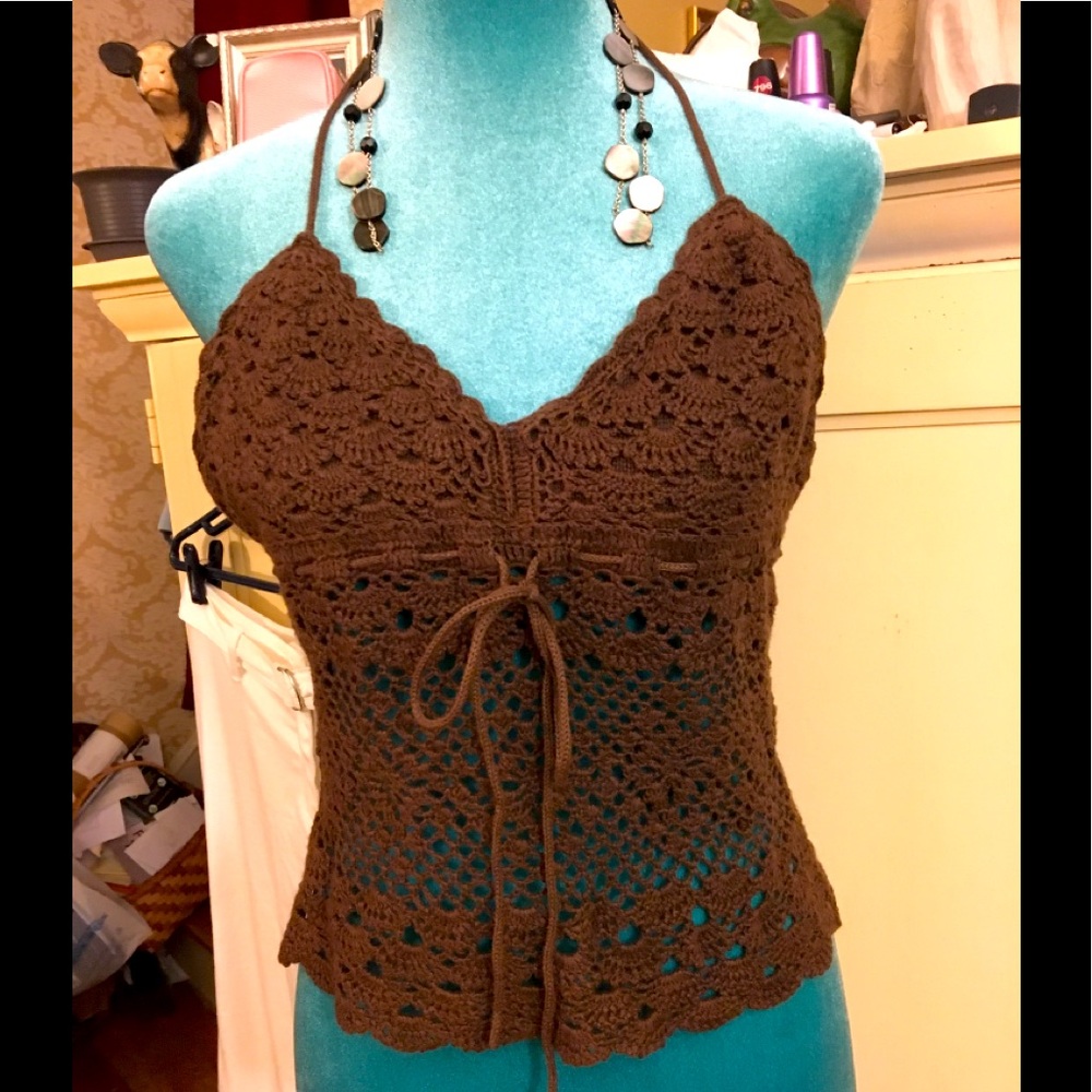 Beautiful Real Vintage Brown Crocheted Cami-Crop Top Large The real deal